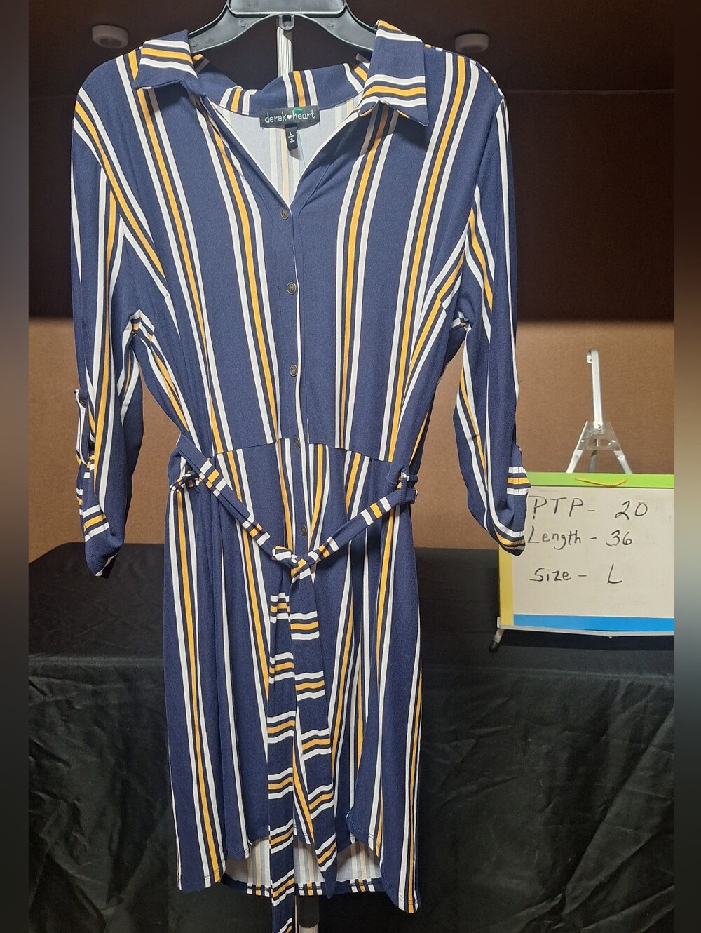 Derek Heart Navy, White & Mustard Striped Midi Shirt Dress